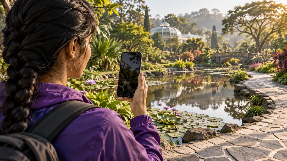 Generated concept: a player explores a botanical garden with a phone