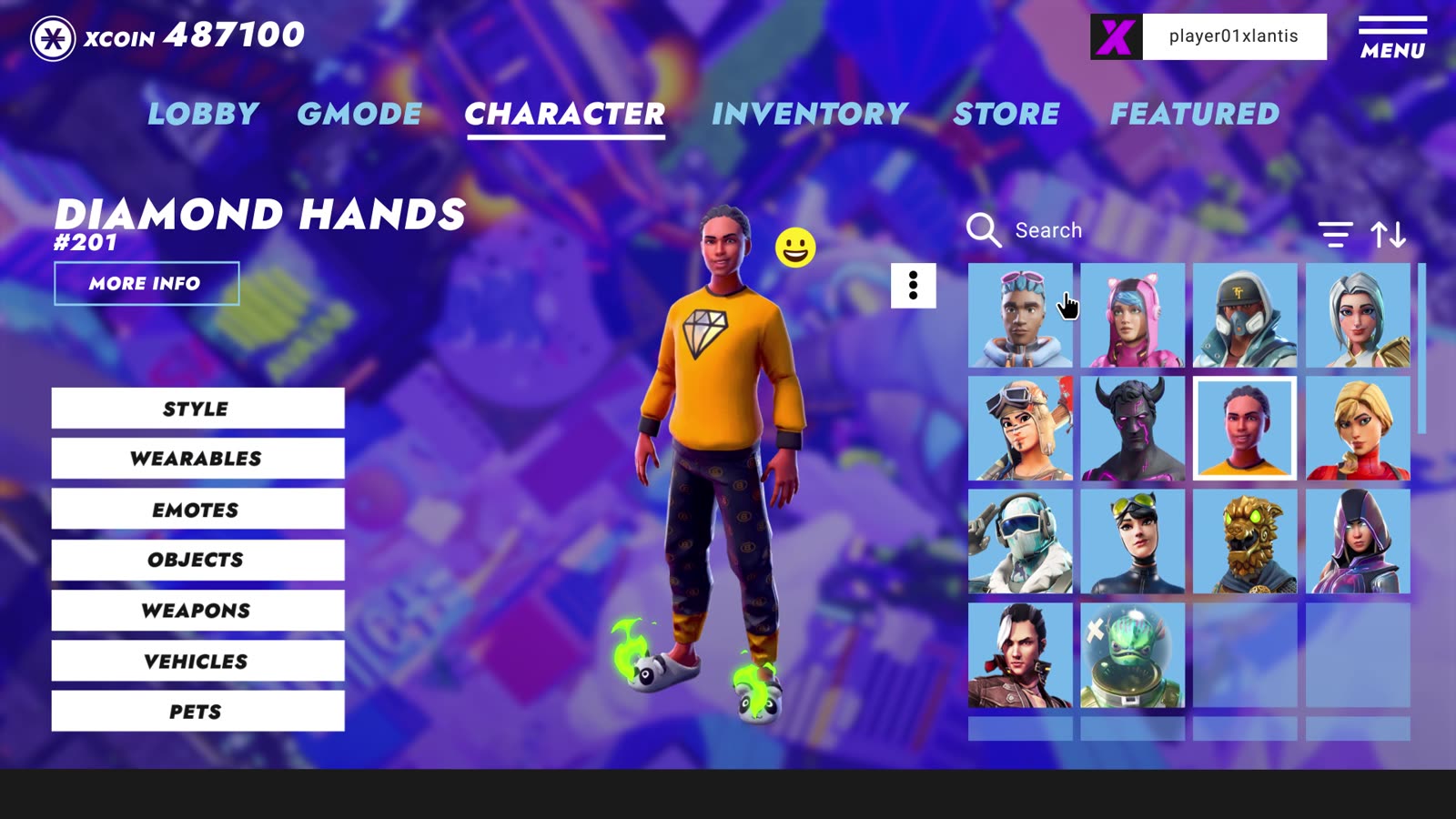 Authentic XLANTIS 2023 character selection interface